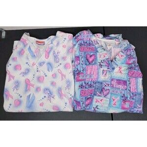Scrub Tops Womens SZ 2X Breast Cancer Awareness Lot Of 2 Pockets Pink Medical